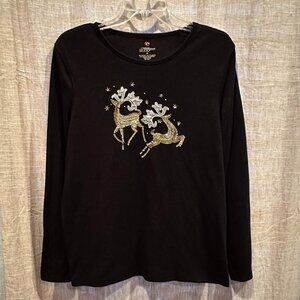 Mercer Street Studio Black w/Gold Sequin Reindeer Long Sleeve T-Shirt Top Medium